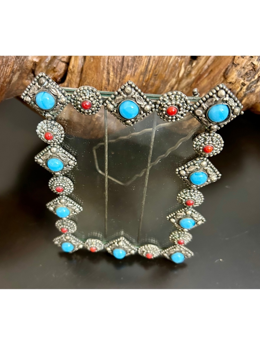 Vintage Southwestern Turquoise Coral Cabochon Silver Tone 4x6 Picture Frame Boho